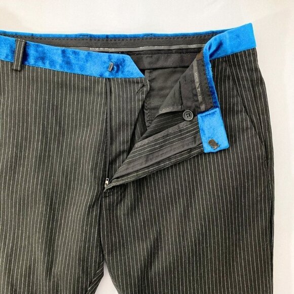 ROBERTO CAVALLI BLACK PINSTRIPES BLUE VELVET WAISTBAND DRESS PANTS - 31 - Picture 5 of 10